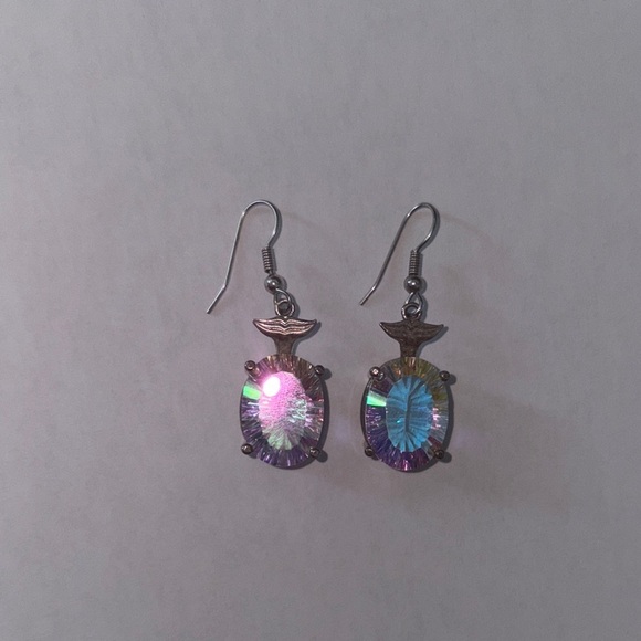 Iridescent sheer color oval shape gemstone Drop Earrings fishhook post - Picture 5 of 6